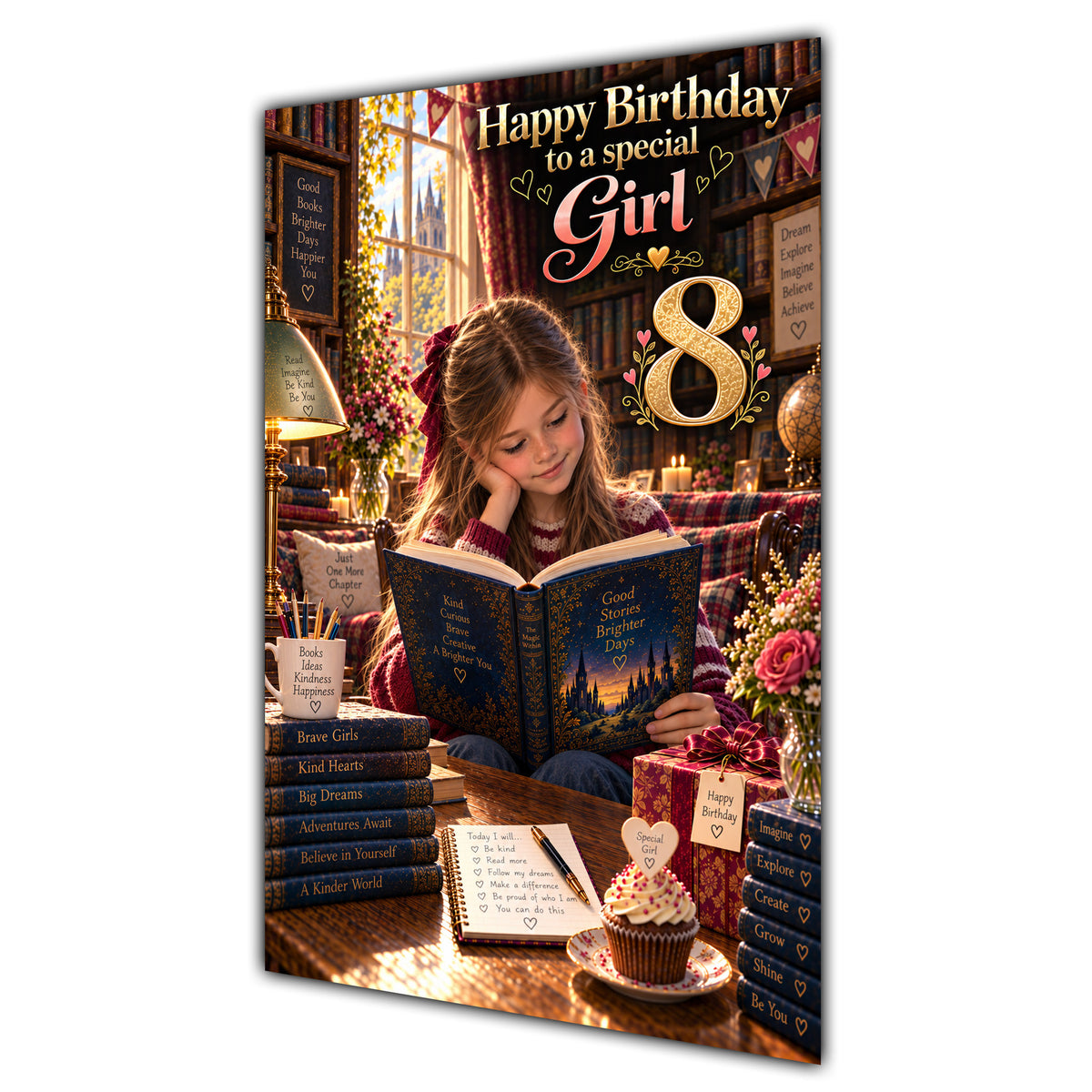 Girl 8th Birthday Card - Girl Reading a Book