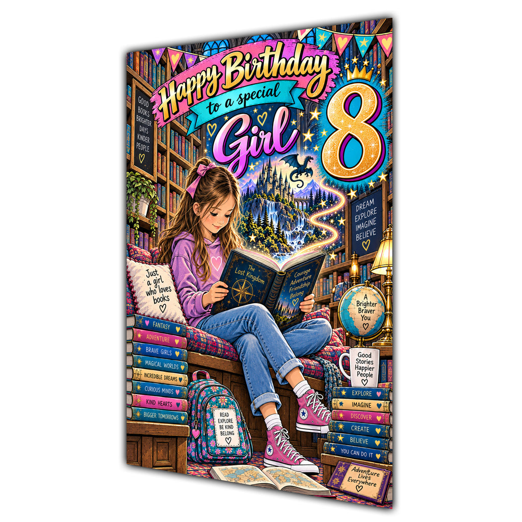 Girl 8th Birthday Card - Girl Reading a Book