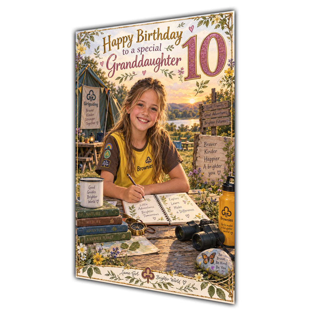 Granddaughter 10th Birthday Card - Brownie Girl with Nature and Craft Activities
