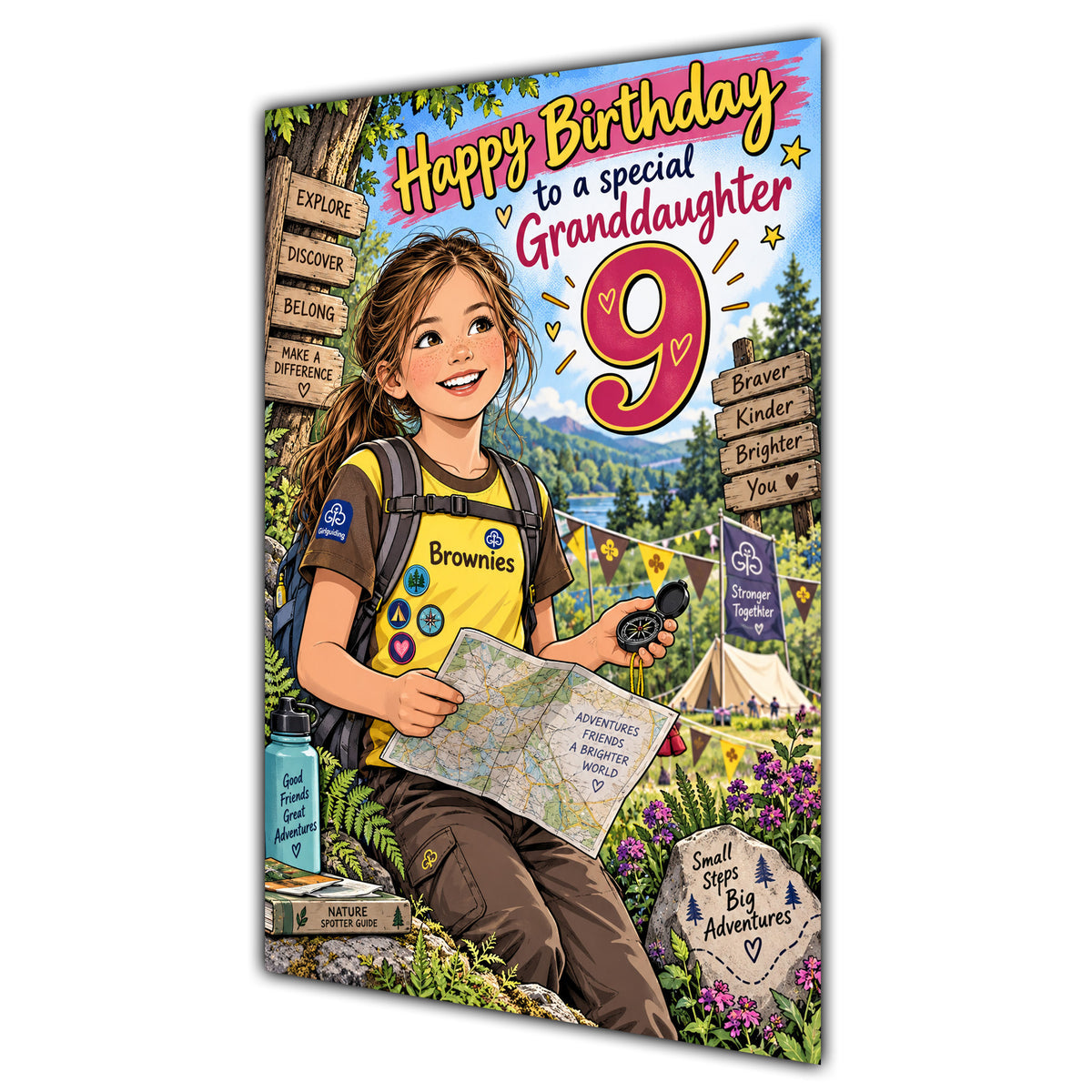 Granddaughter 9th Birthday Card - Brownie Girl with Nature and Craft Activities