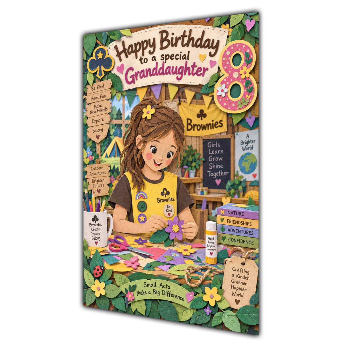 Granddaughter 8th Birthday Card - Brownie Girl with Nature and Craft Activities