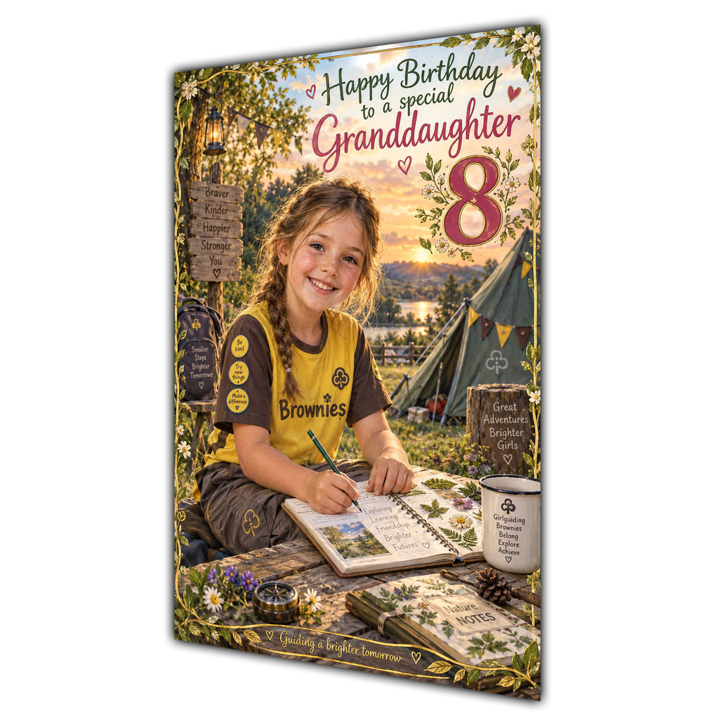 Granddaughter 8th Birthday Card - Brownie Girl with Nature and Craft Activities