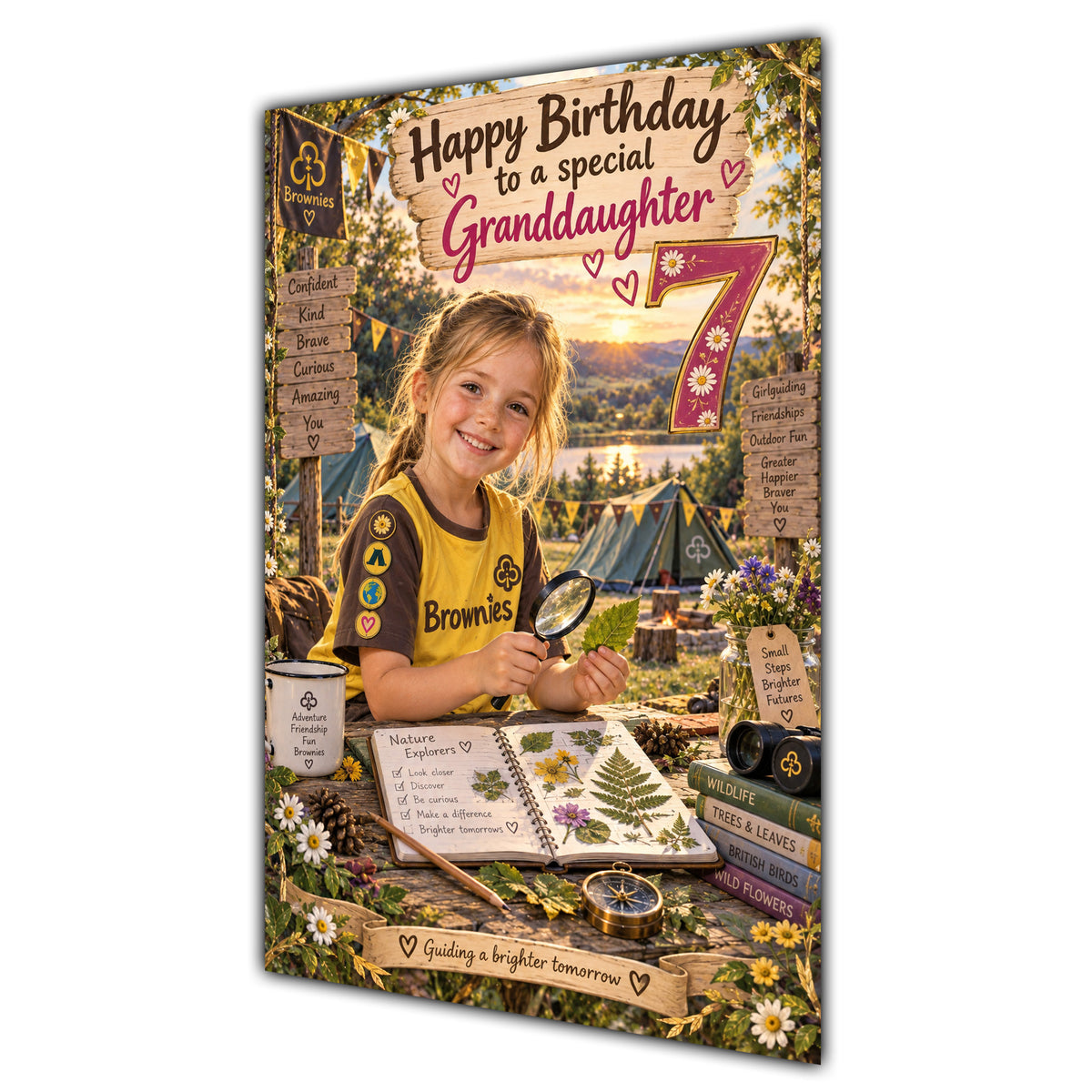 Granddaughter 7th Birthday Card - Brownie Girl with Nature and Craft Activities