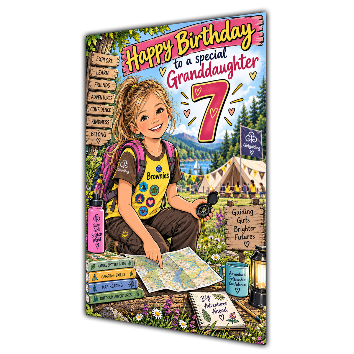 Granddaughter 7th Birthday Card - Brownie Girl with Nature and Craft Activities
