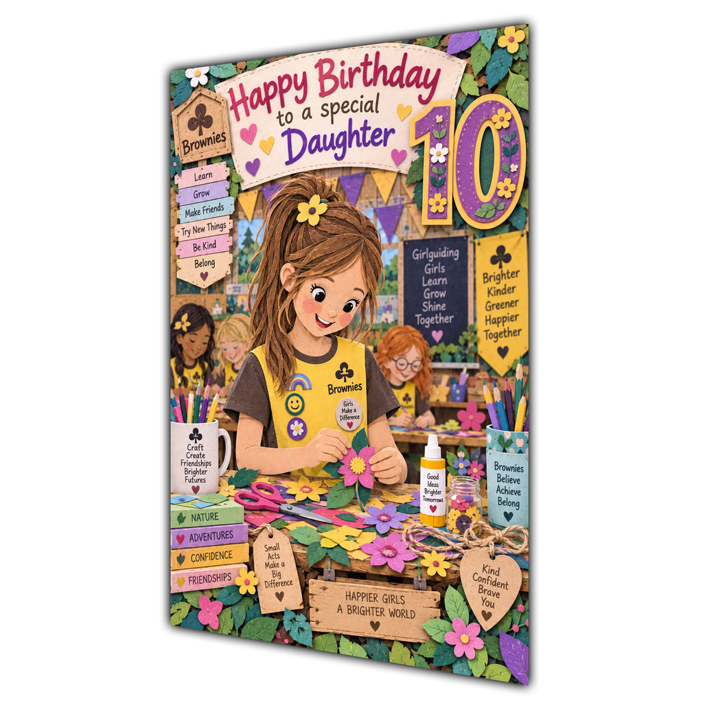 Daughter 10th Birthday Card - Brownie Girl with Nature and Craft Activities