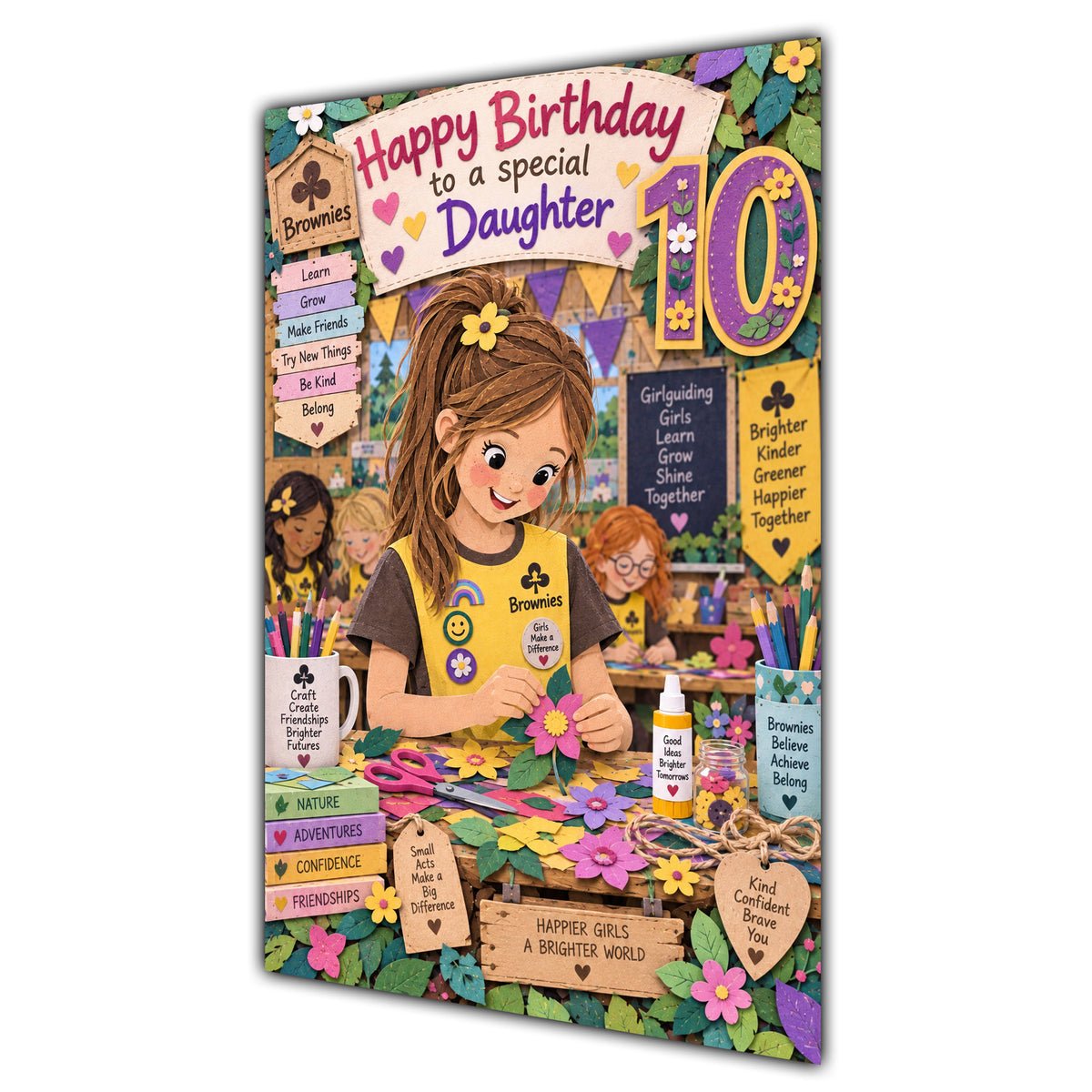 Daughter 10th Birthday Card - Brownie Girl with Nature and Craft Activities
