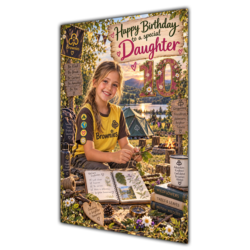 Daughter 10th Birthday Card - Brownie Girl with Nature and Craft Activities