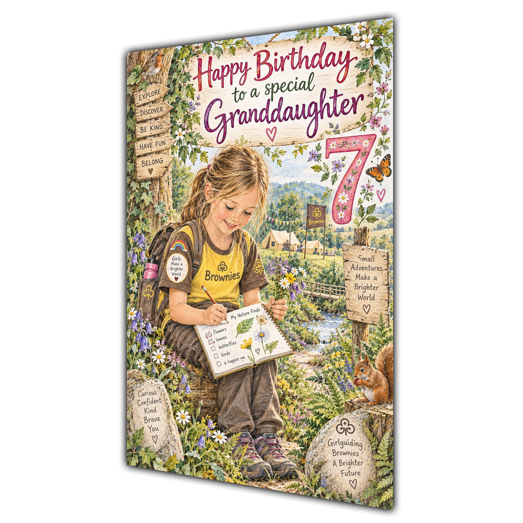 Granddaughter 7th Birthday Card - Brownie Girl with Nature and Craft Activities