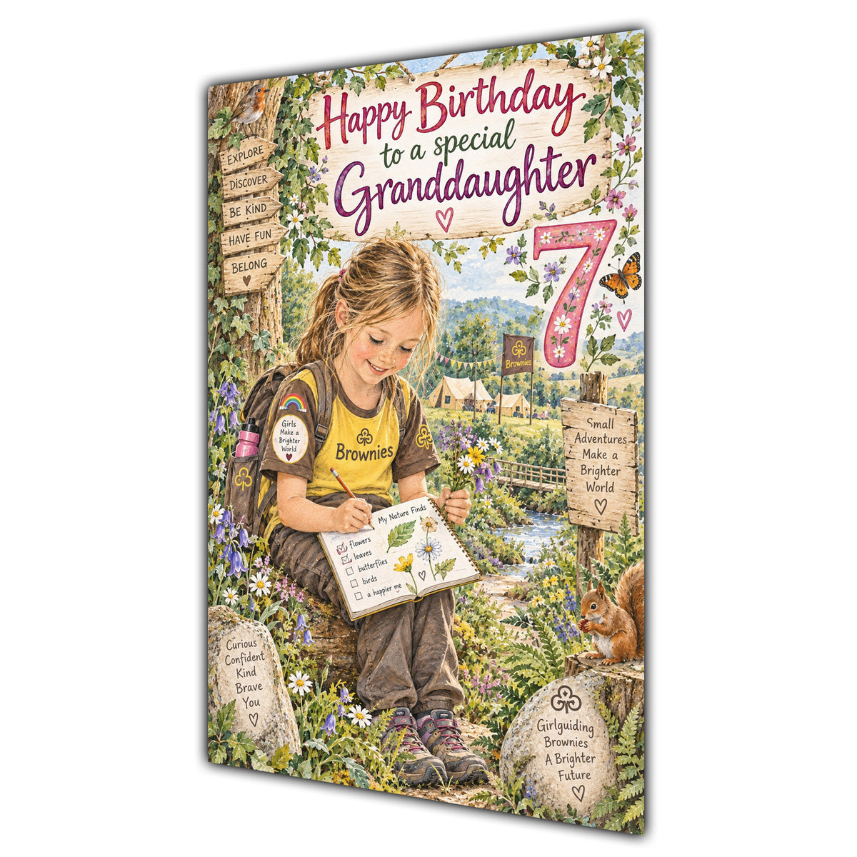 Granddaughter 7th Birthday Card - Brownie Girl with Nature and Craft Activities