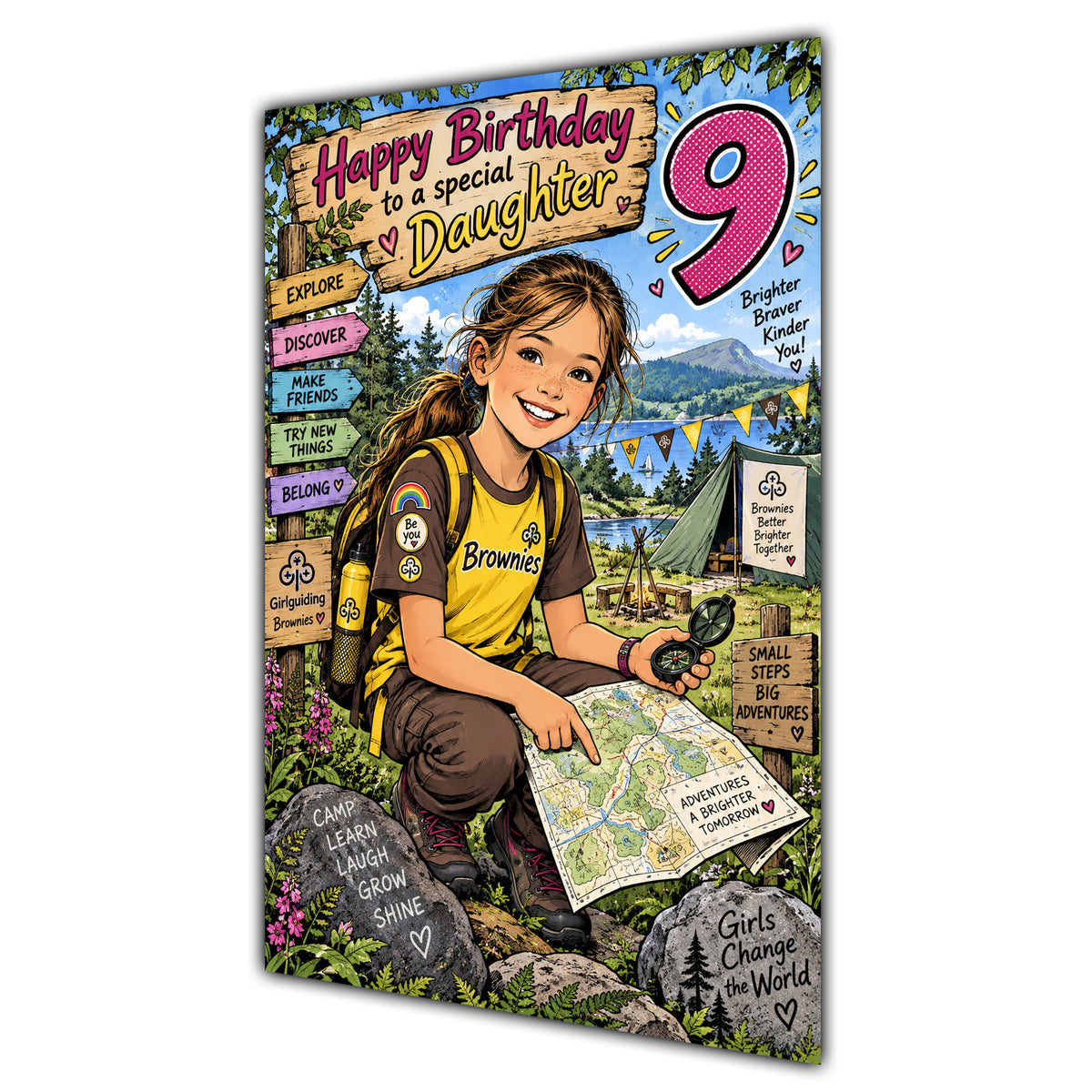 Daughter 9th Birthday Card - Brownie Girl with Nature and Craft Activities