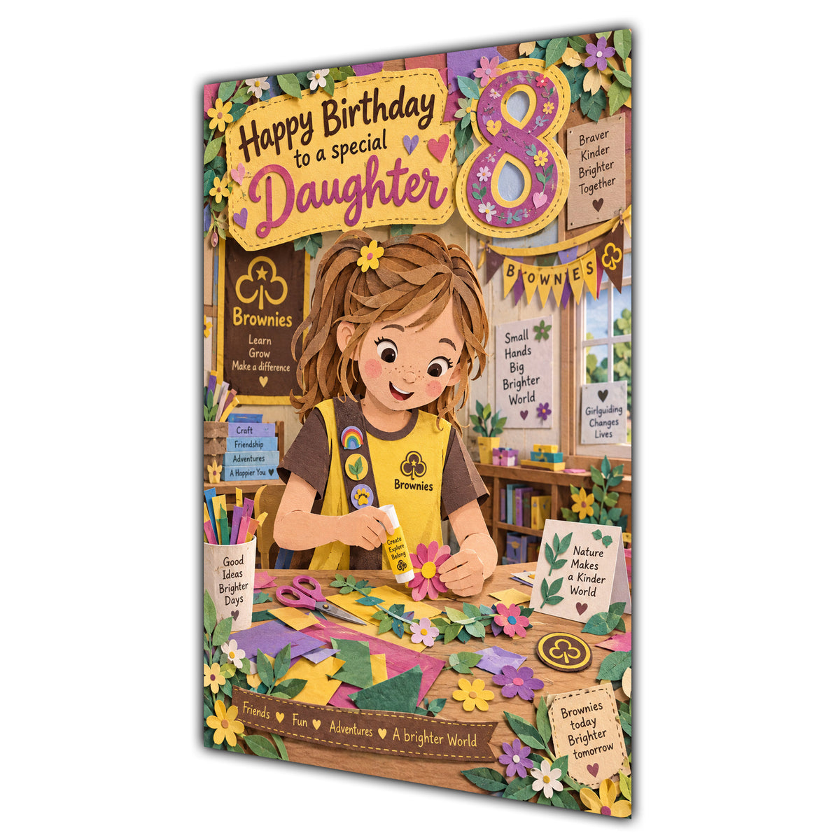 Daughter 8th Birthday Card - Brownie Girl with Nature and Craft Activities