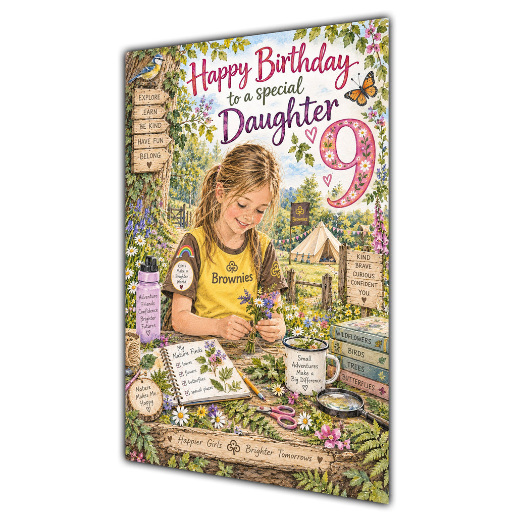 Daughter 9th Birthday Card - Brownie Girl with Nature and Craft Activities