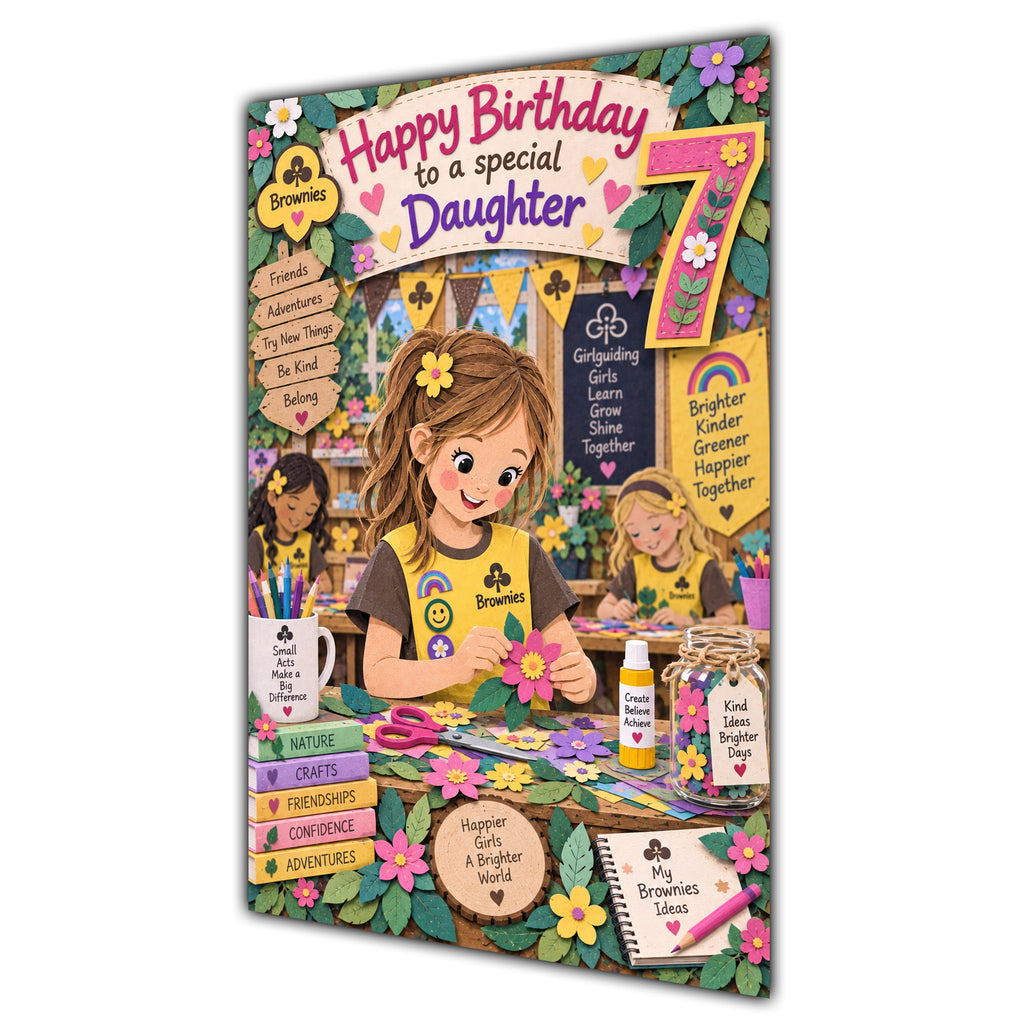 Daughter 7th Birthday Card - Brownie Girl with Nature and Craft Activities