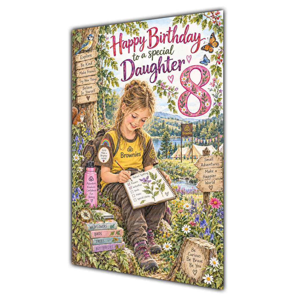 Daughter 8th Birthday Card - Brownie Girl with Nature and Craft Activities