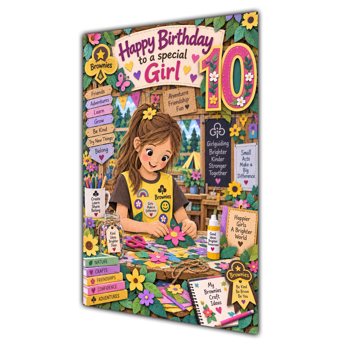 Girl 10th Birthday Card - Brownie Girl with Nature and Craft Activities