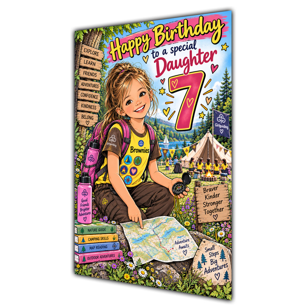 Daughter 7th Birthday Card - Brownie Girl with Nature and Craft Activities
