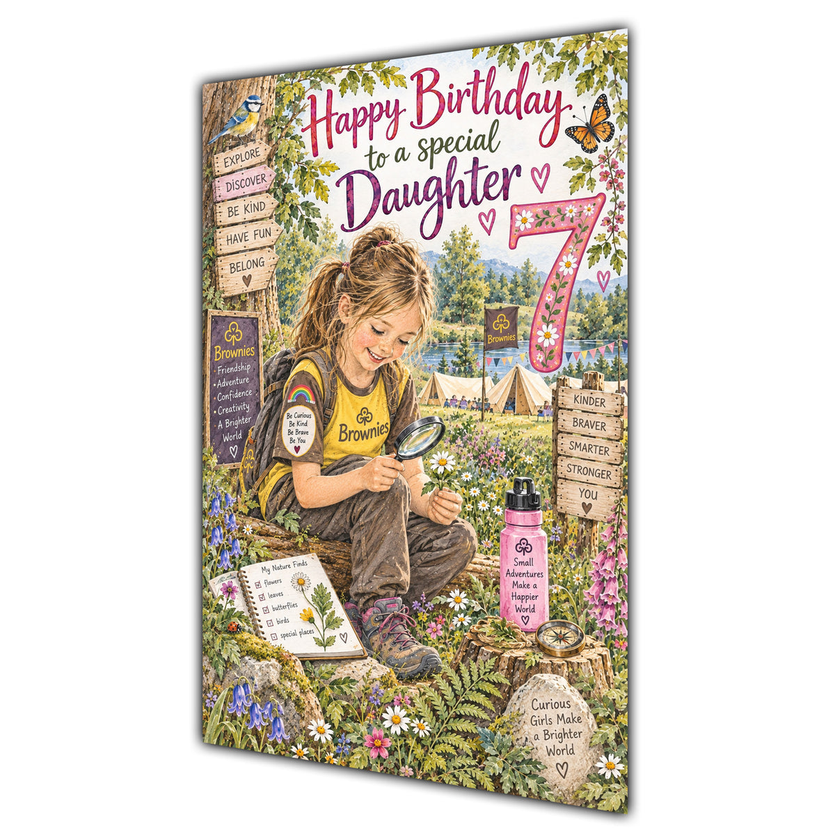 Daughter 7th Birthday Card - Brownie Girl with Nature and Craft Activities
