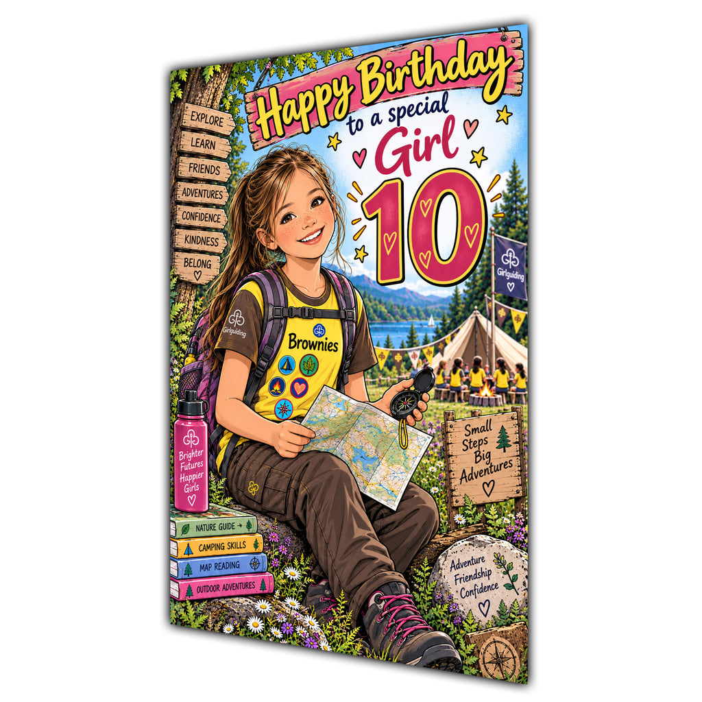 Girl 10th Birthday Card - Brownie Girl with Nature and Craft Activities