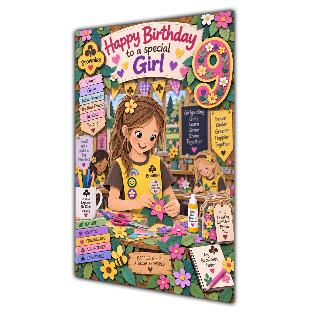 Girl 9th Birthday Card - Brownie Girl with Nature and Craft Activities