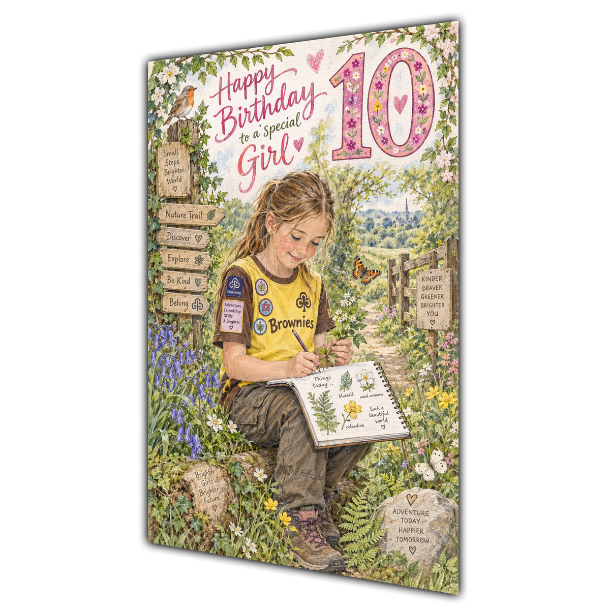 Girl 10th Birthday Card - Brownie Girl with Nature and Craft Activities
