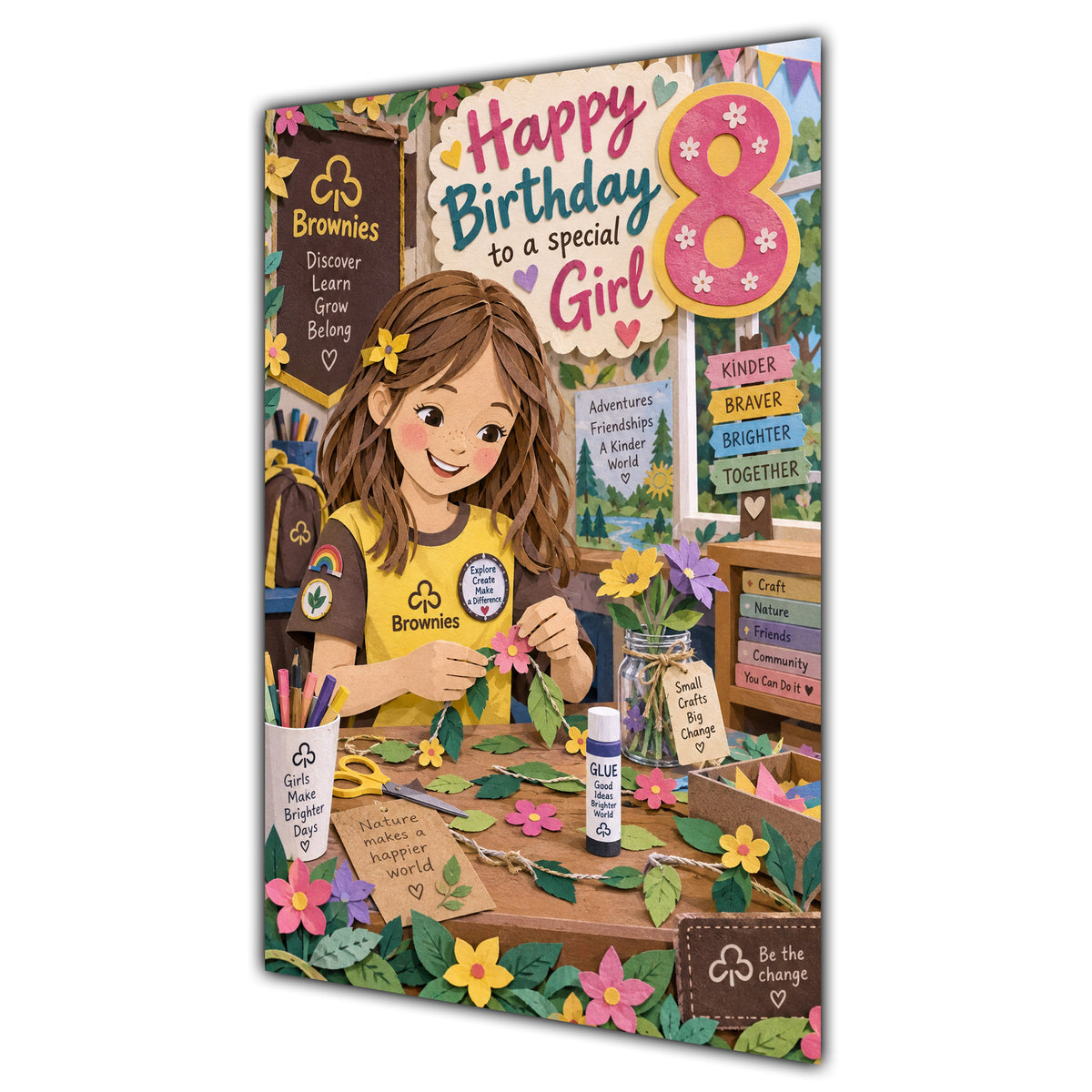 Girl 8th Birthday Card - Brownie Girl with Nature and Craft Activities