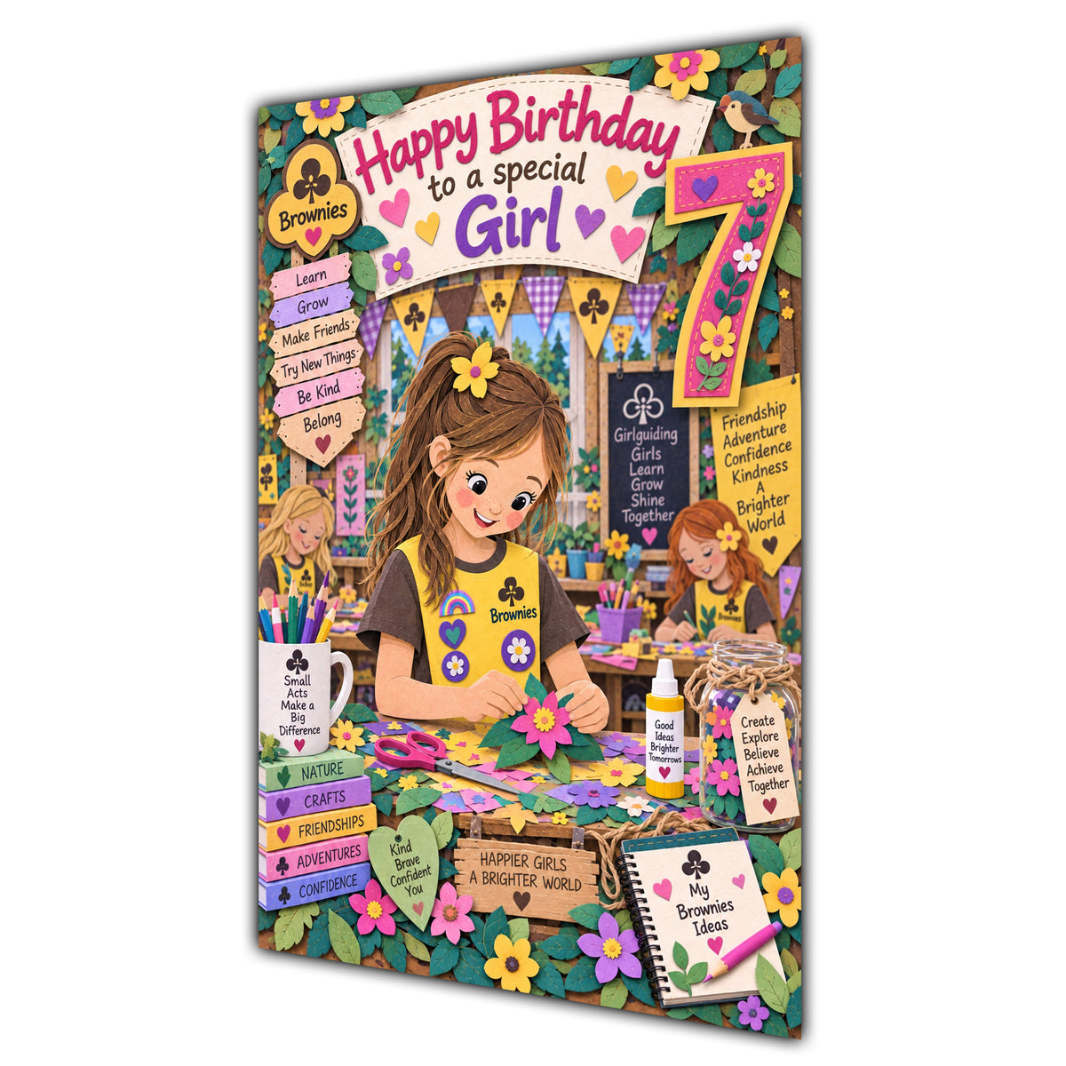 Girl 7th Birthday Card - Brownie Girl with Nature and Craft Activities