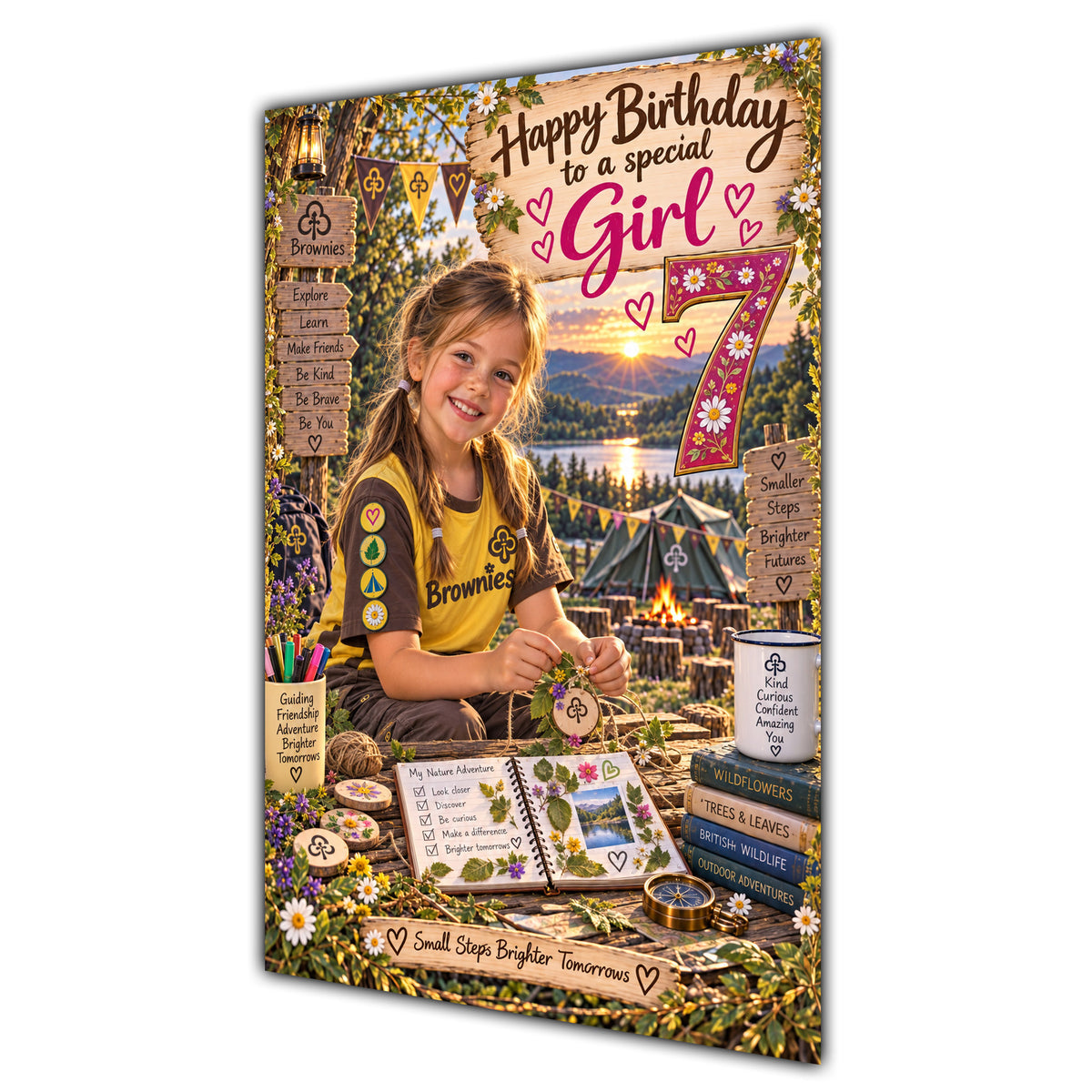 Girl 7th Birthday Card - Brownie Girl with Nature and Craft Activities