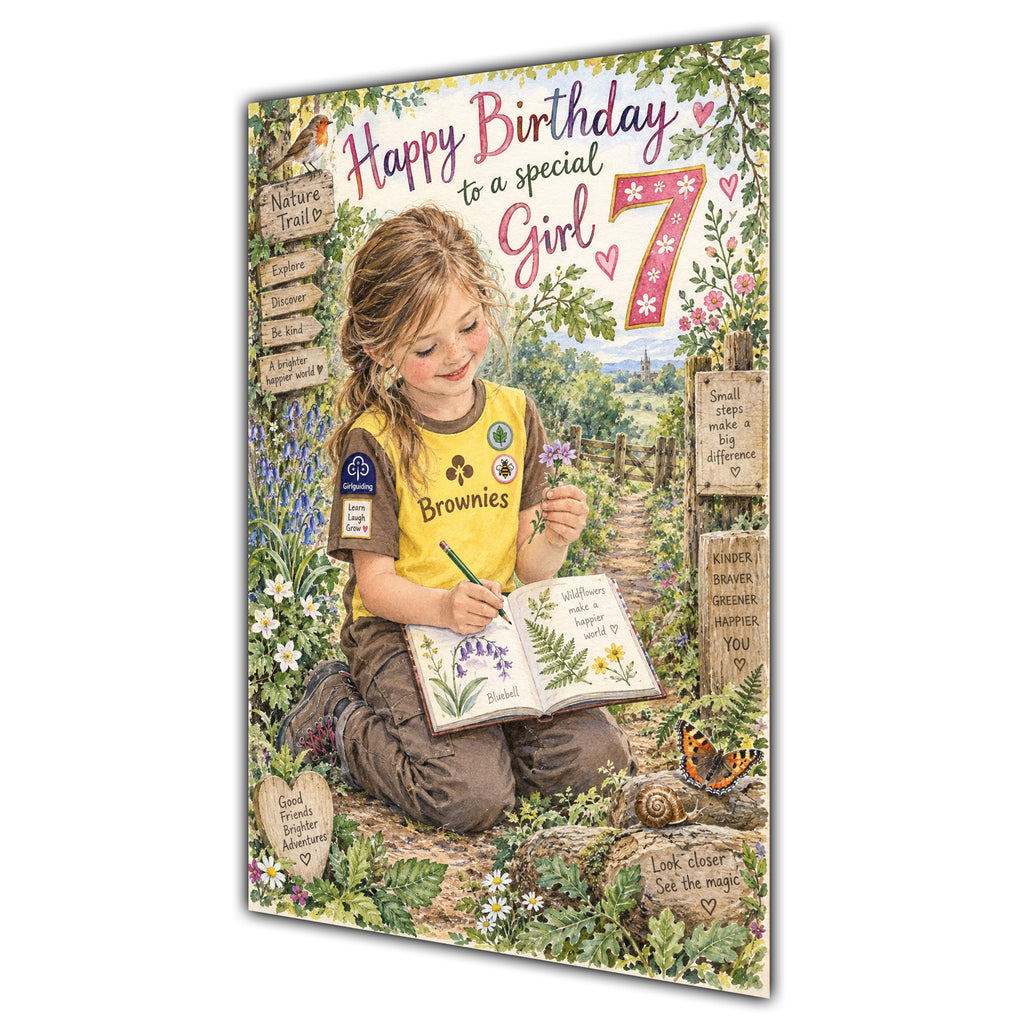 Girl 7th Birthday Card - Brownie Girl with Nature and Craft Activities