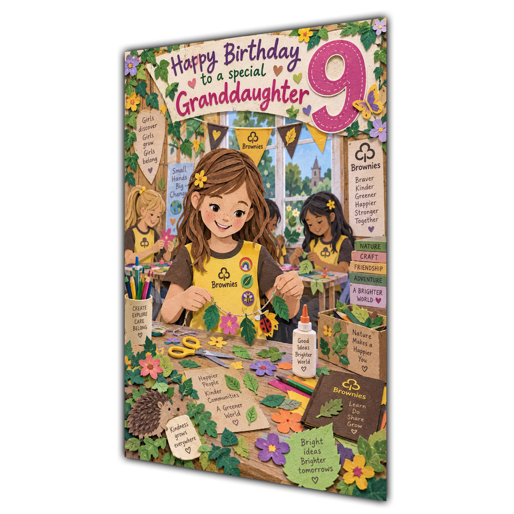 Granddaughter 9th Birthday Card - Brownie Girl with Nature and Craft Activities