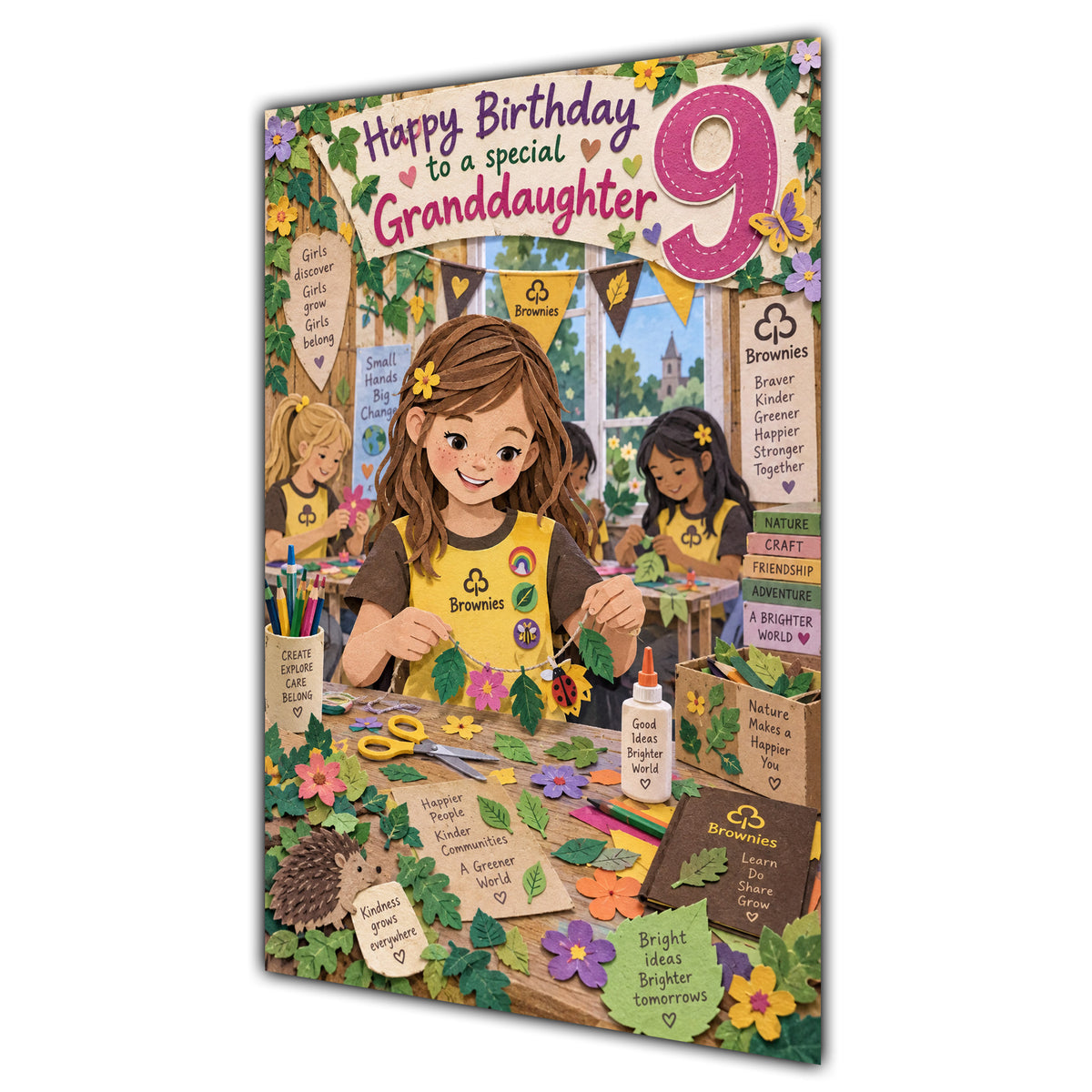 Granddaughter 9th Birthday Card - Brownie Girl with Nature and Craft Activities