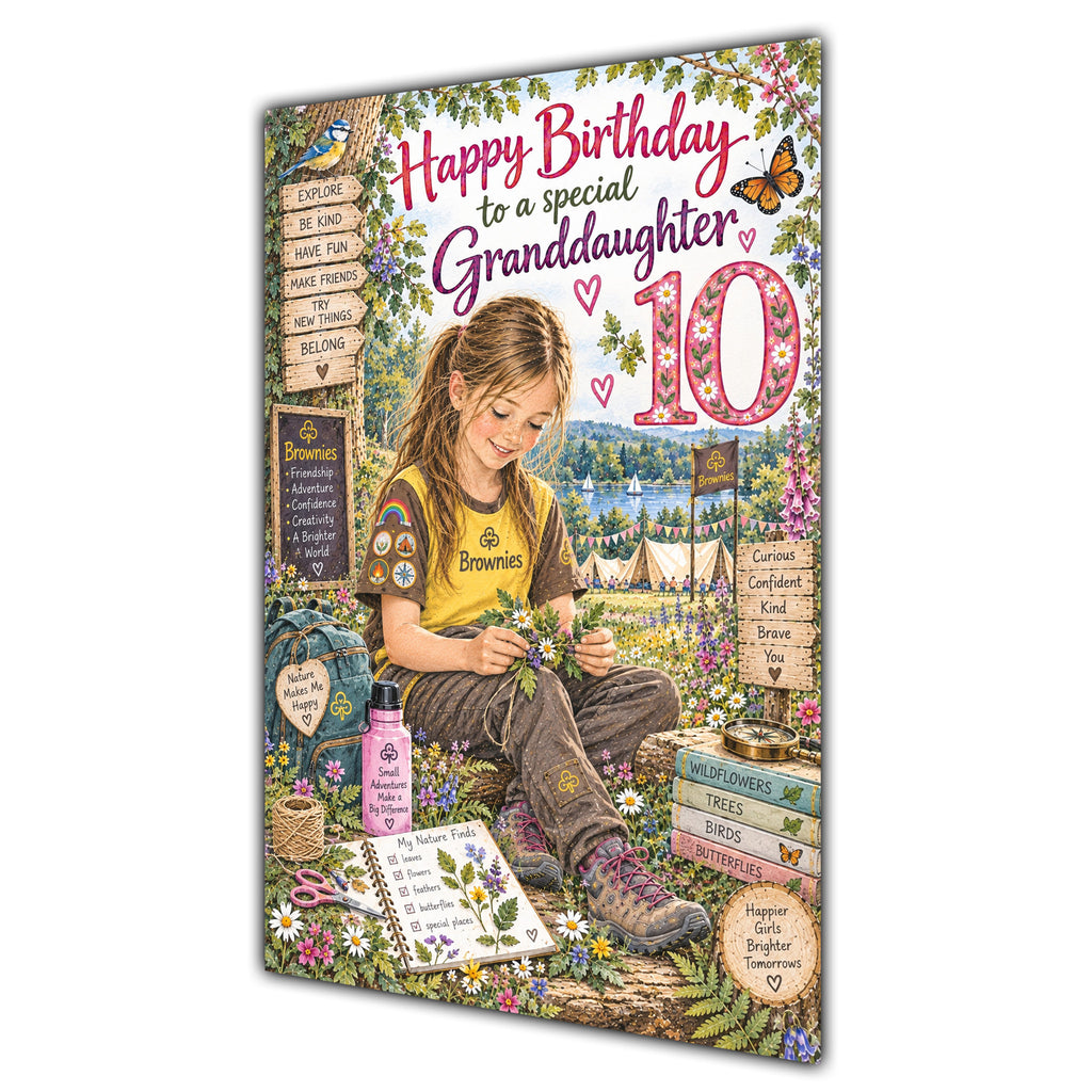 Granddaughter 10th Birthday Card - Brownie Girl with Nature and Craft Activities