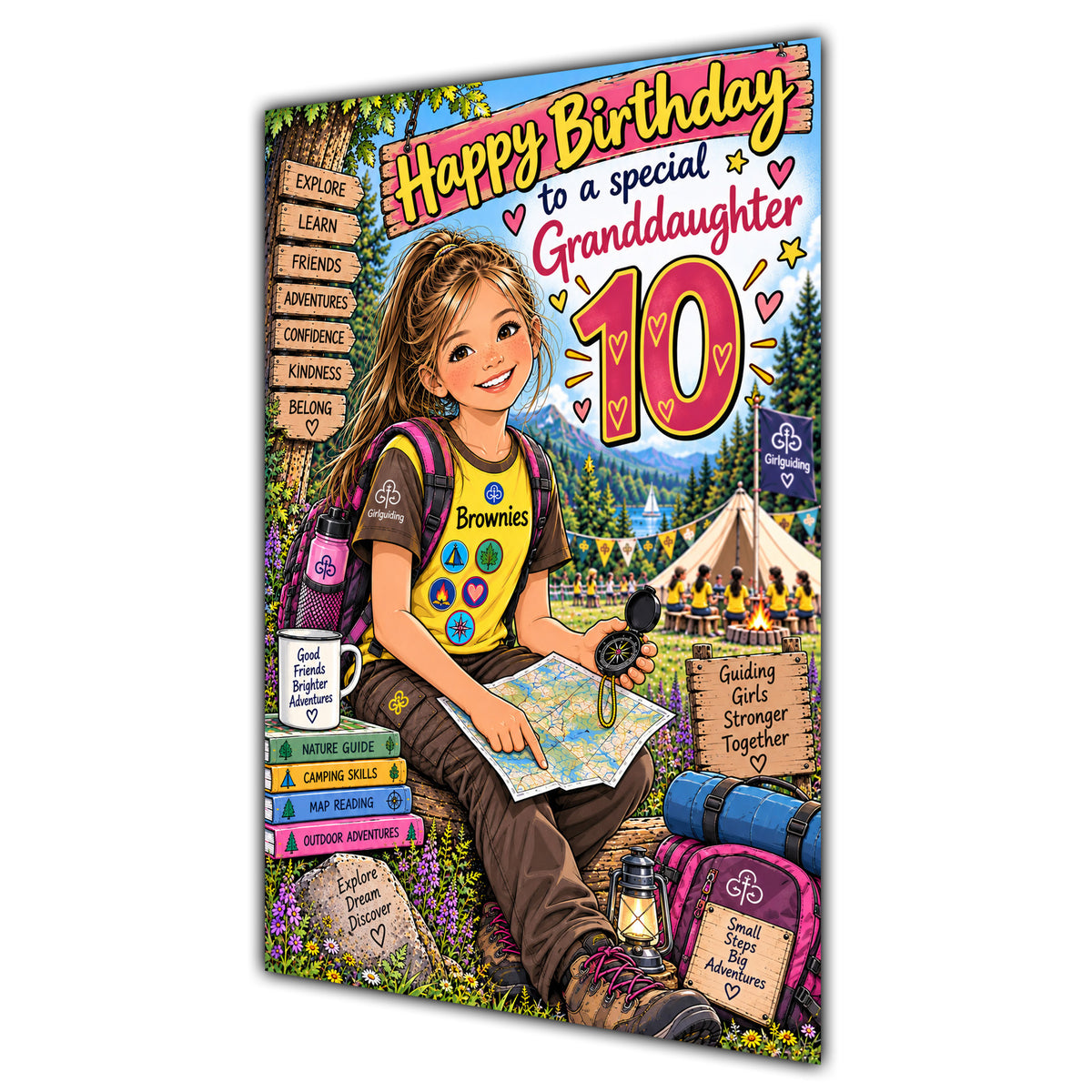 Granddaughter 10th Birthday Card - Brownie Girl with Nature and Craft Activities