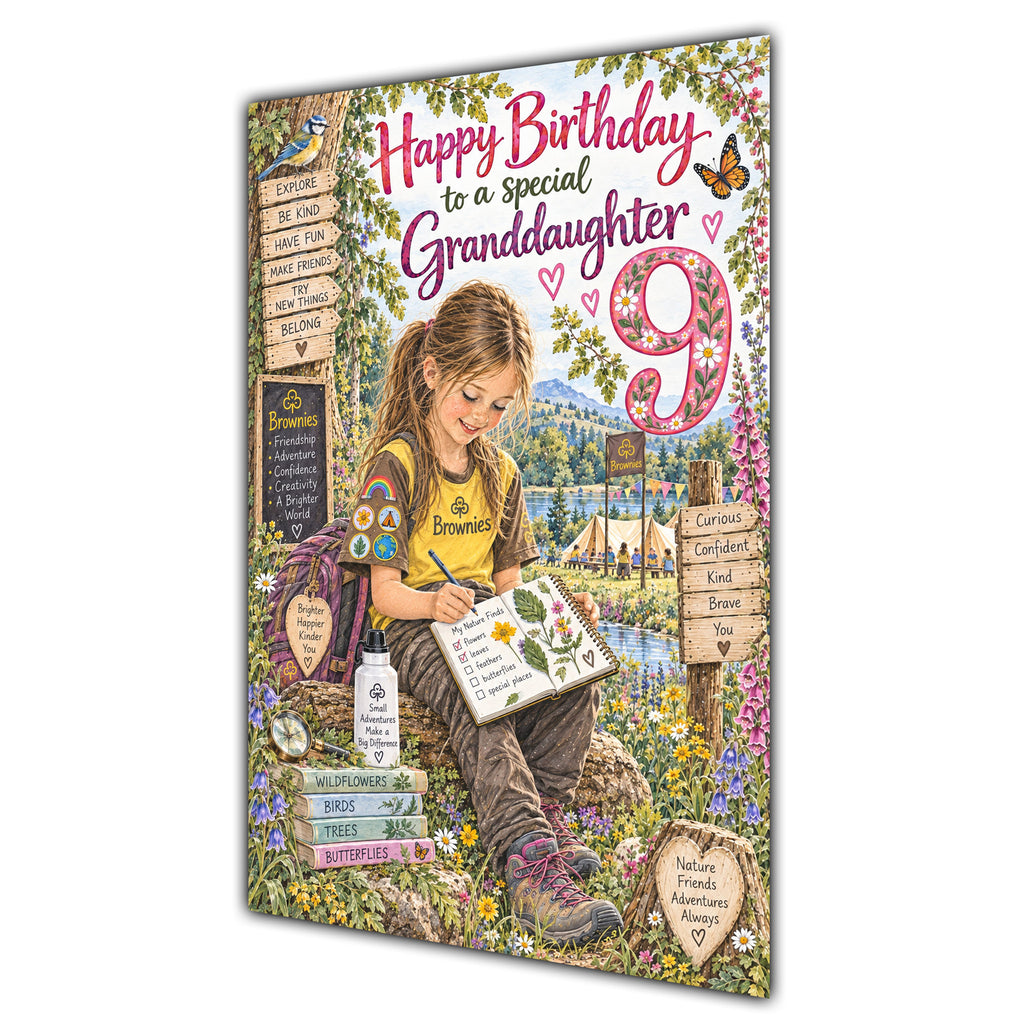 Granddaughter 9th Birthday Card - Brownie Girl with Nature and Craft Activities