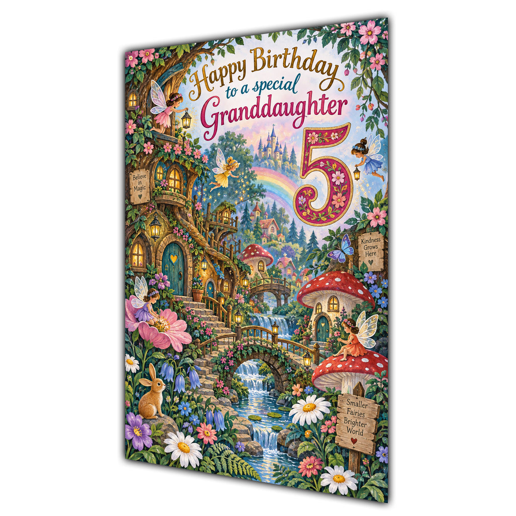 Granddaughter 5th Birthday Card - Magical Fairy Village