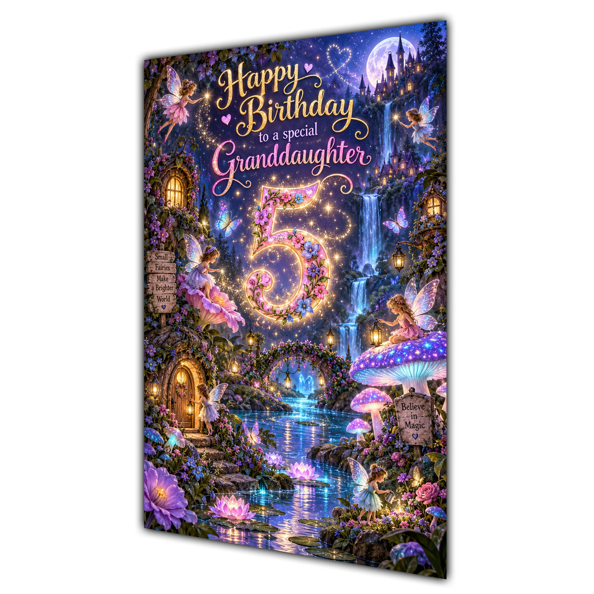 Granddaughter 5th Birthday Card - Magical Fairy Village