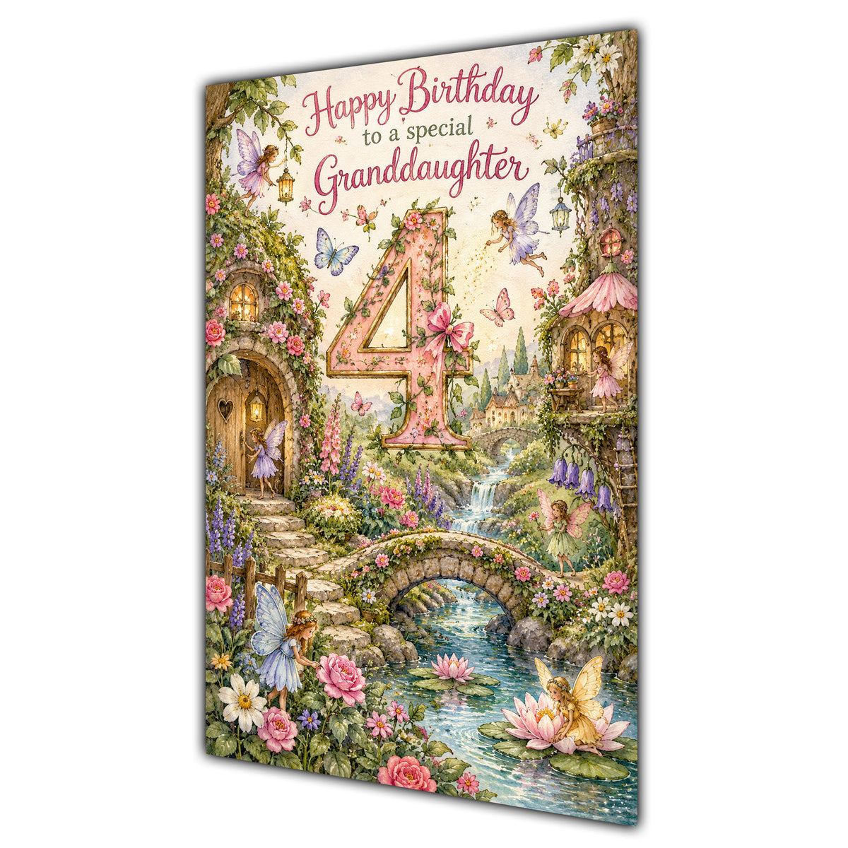 Granddaughter 4th Birthday Card - Magical Fairy Village