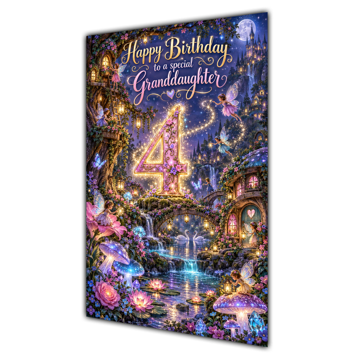 Granddaughter 4th Birthday Card - Magical Fairy Village