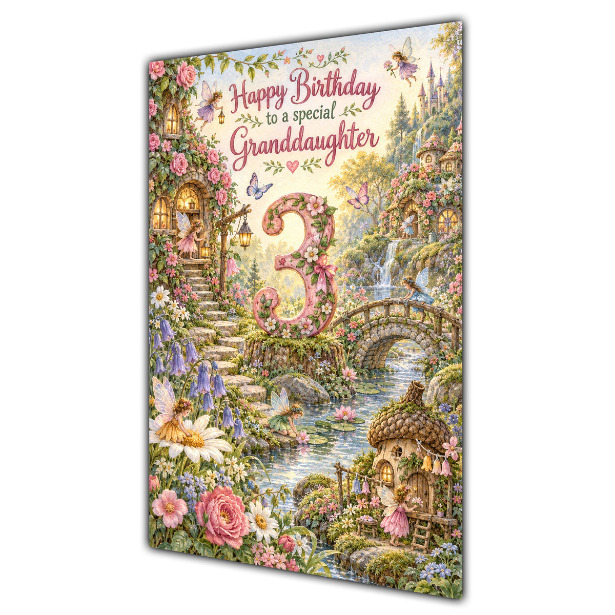 Granddaughter 3rd Birthday Card - Magical Fairy Village
