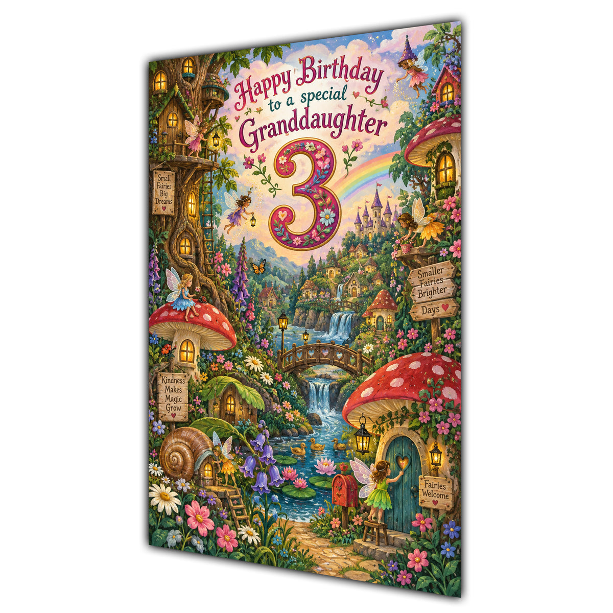 Granddaughter 3rd Birthday Card - Magical Fairy Village