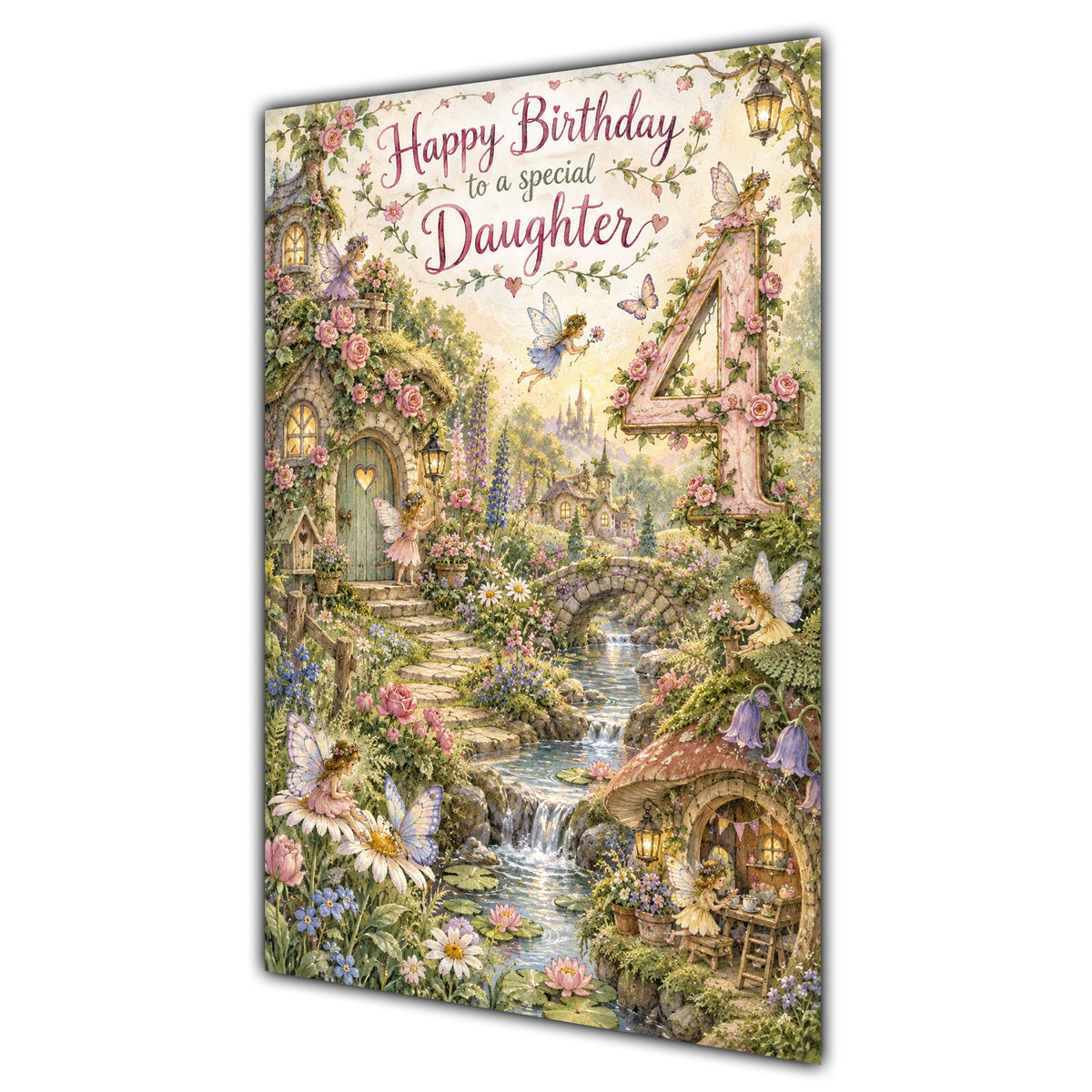Daughter 4th Birthday Card - Magical Fairy Village