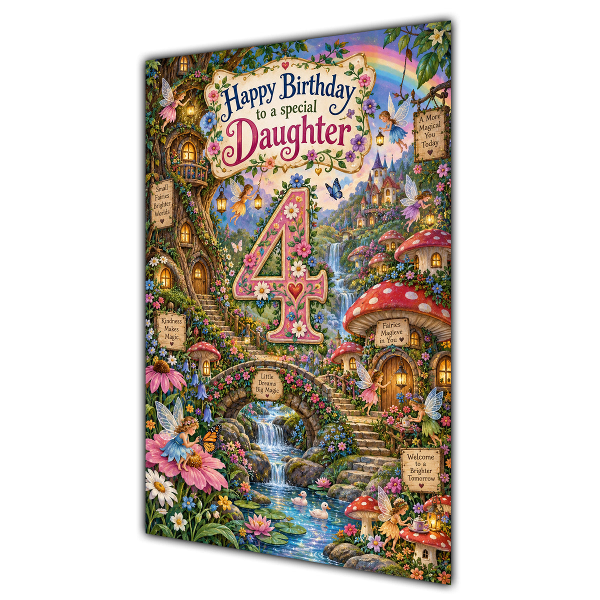 Daughter 4th Birthday Card - Magical Fairy Village