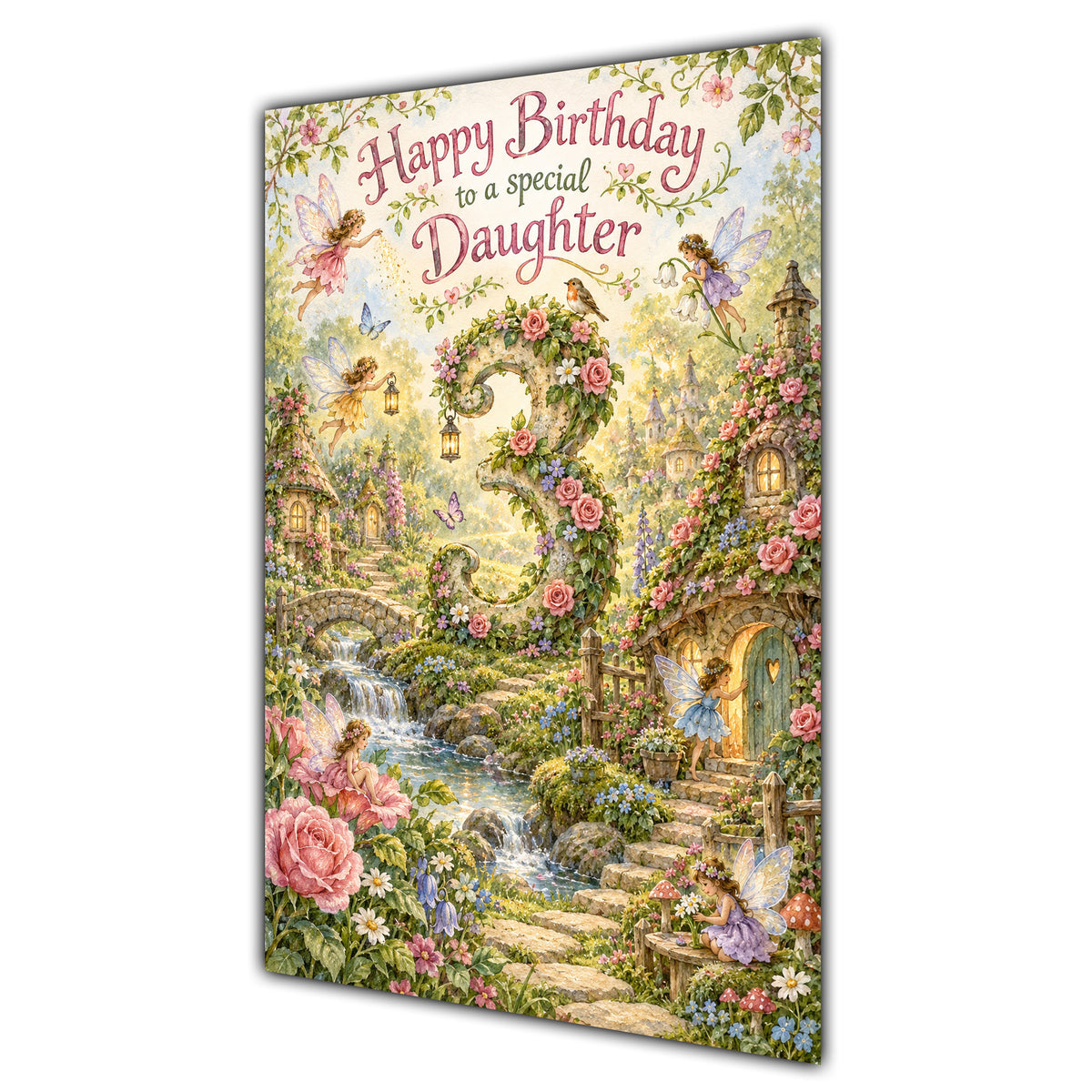 Daughter 3rd Birthday Card - Magical Fairy Village