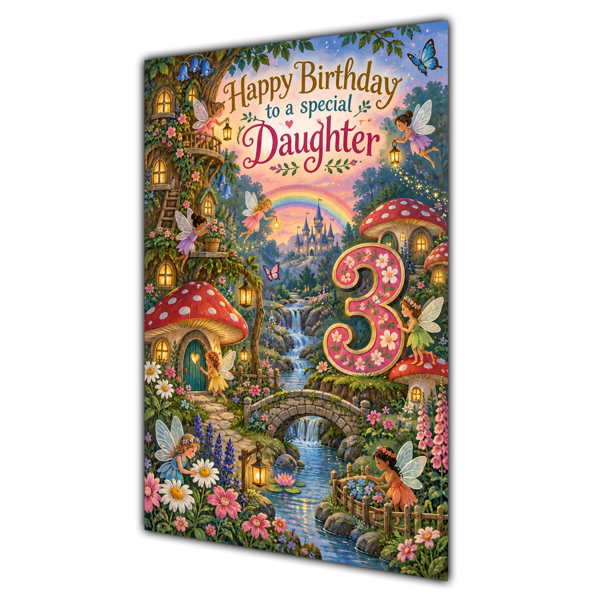 Daughter 3rd Birthday Card - Magical Fairy Village