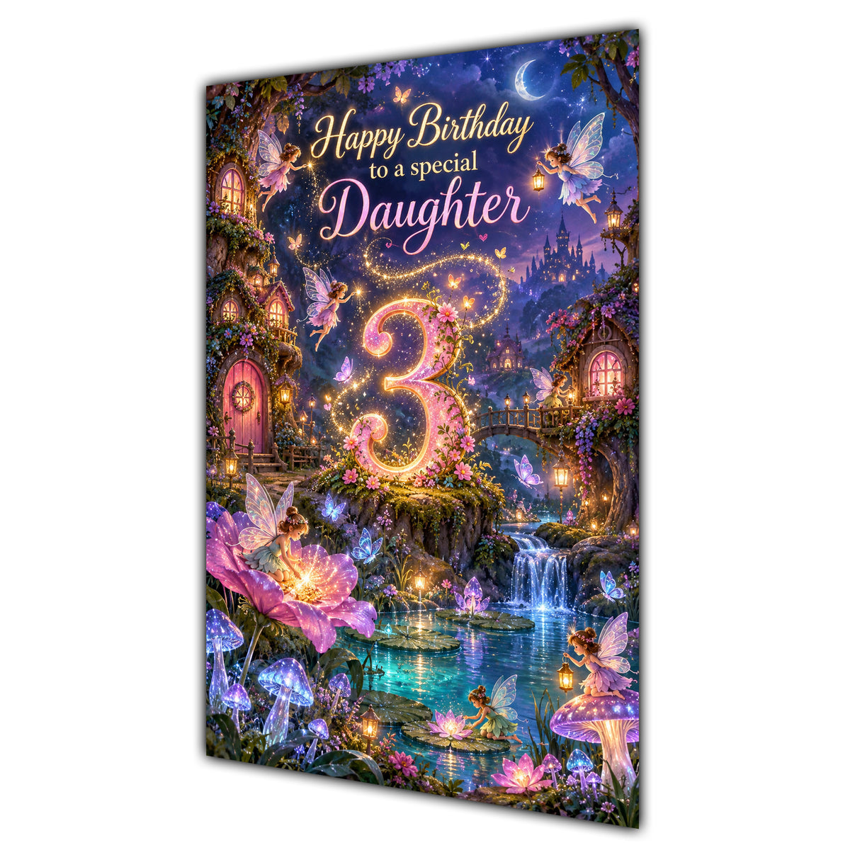 Daughter 3rd Birthday Card - Magical Fairy Village