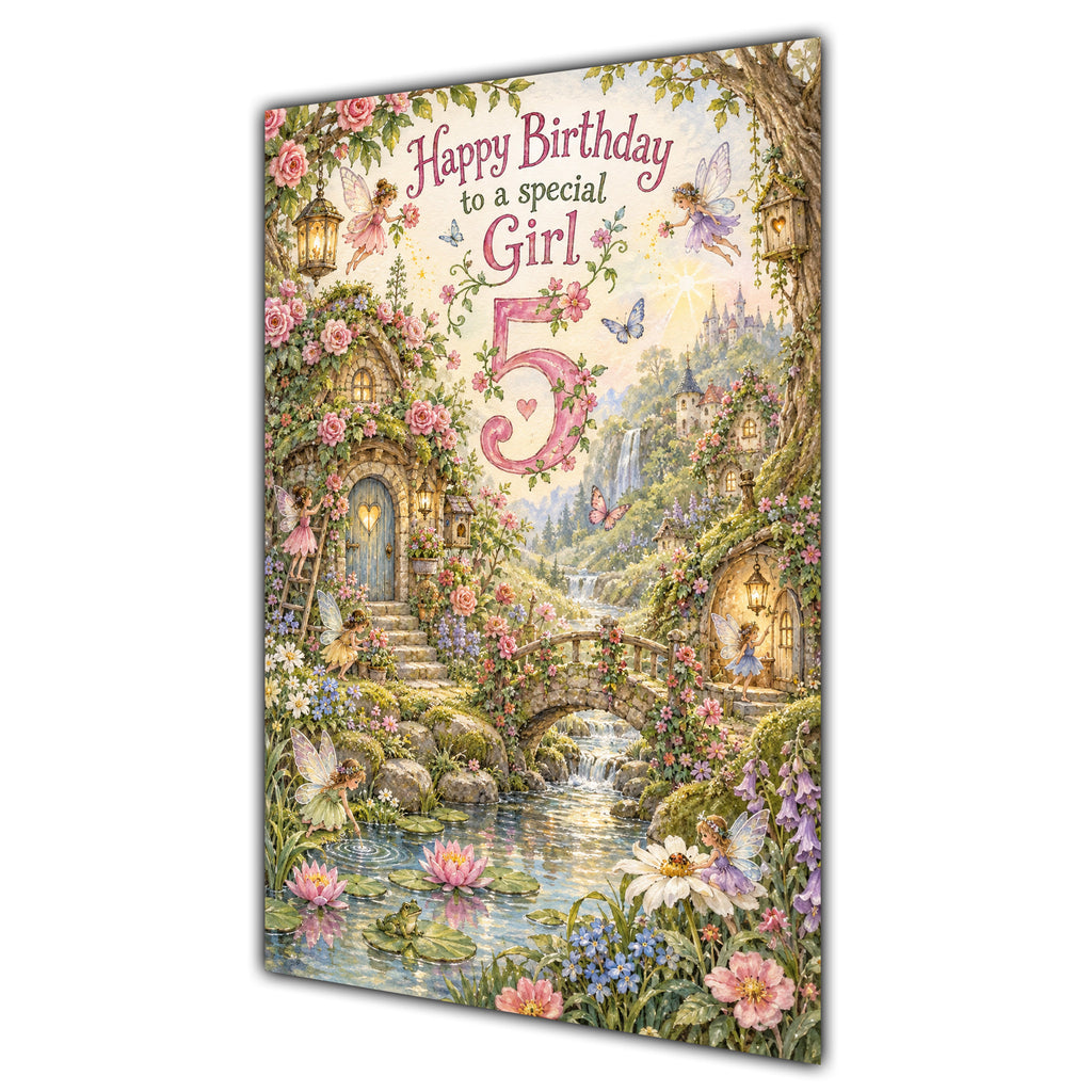 Girl 5th Birthday Card - Magical Fairy Village