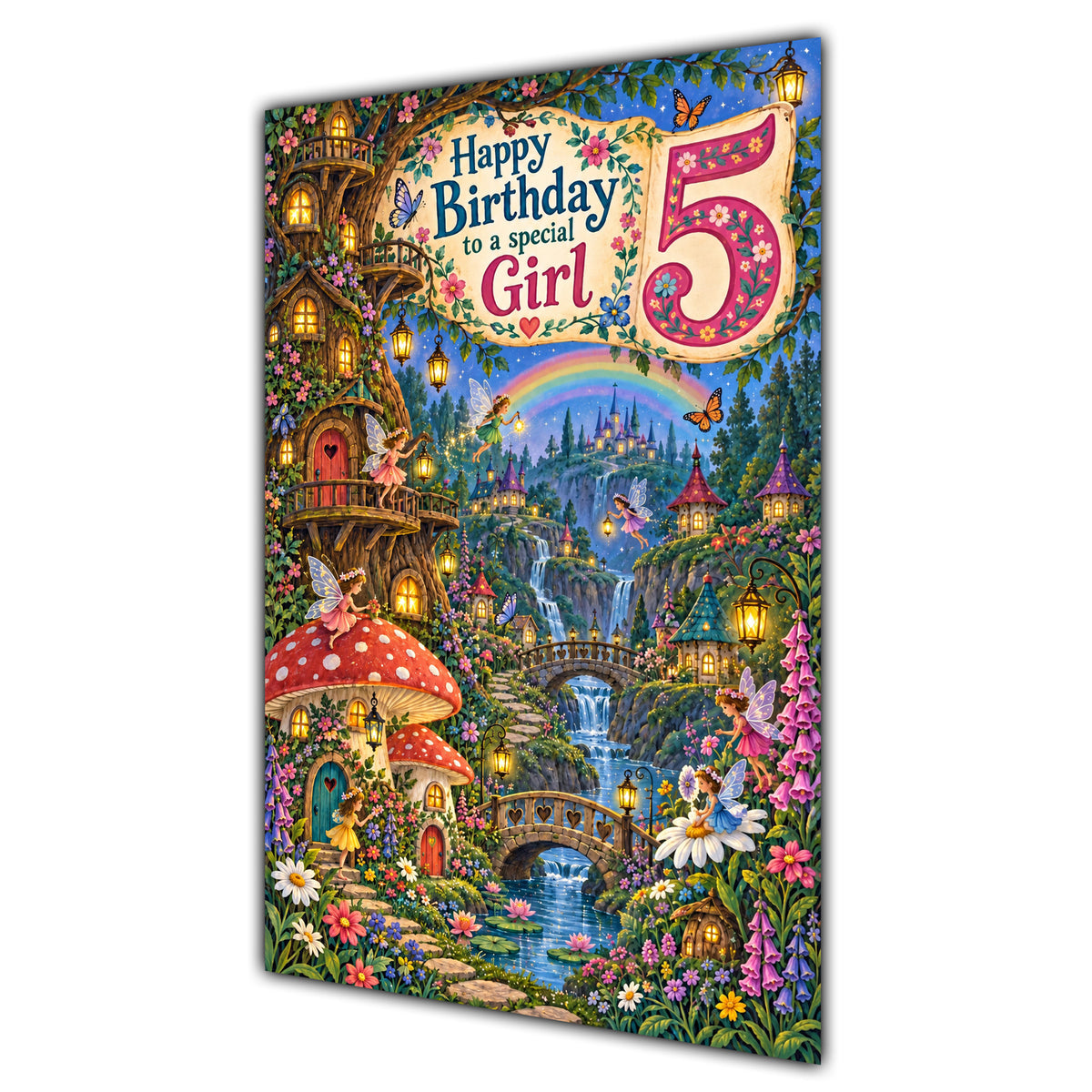 Girl 5th Birthday Card - Magical Fairy Village
