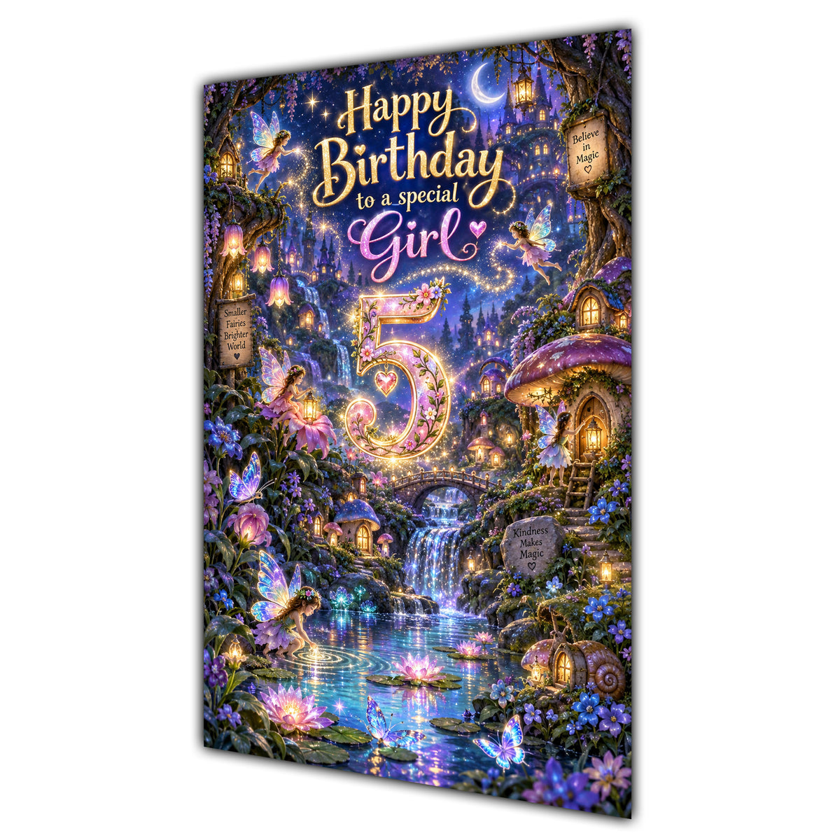 Girl 5th Birthday Card - Magical Fairy Village