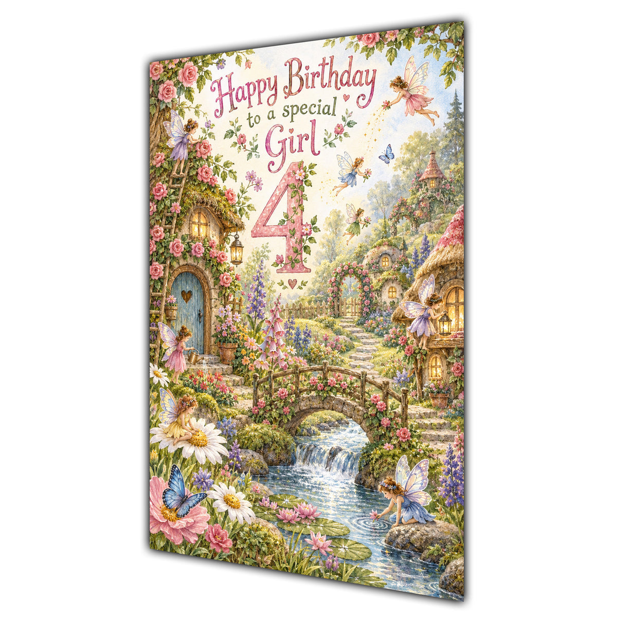 Girl 4th Birthday Card - Magical Fairy Village
