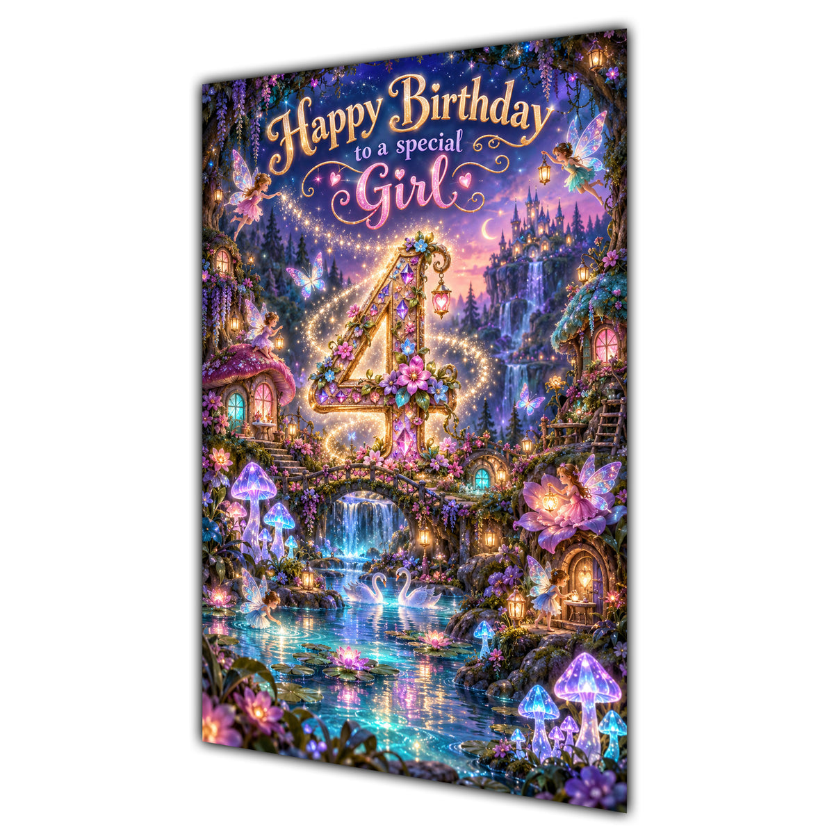 Girl 4th Birthday Card - Magical Fairy Village