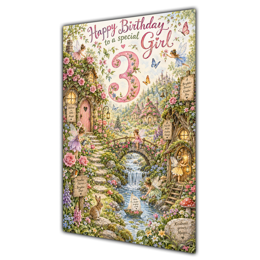Girl 3rd Birthday Card - Magical Fairy Village